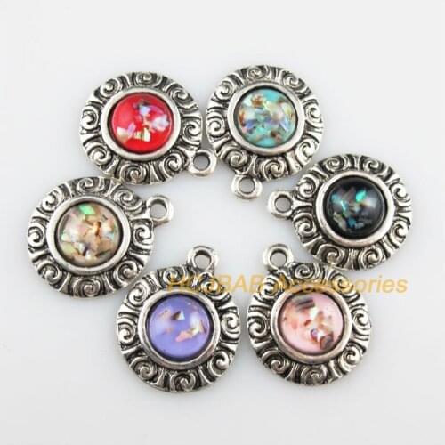 6 New Round Flower Resin Pendants Shivering Mixed Charms Tibetan Silver 19x23mm