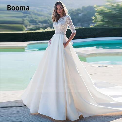 Booma Elegant Lace Satin Wedding Dresses 2020 Half O-neck Button Beach Boho ivory Bridal Gowns Prince Party Dresses Plus Size