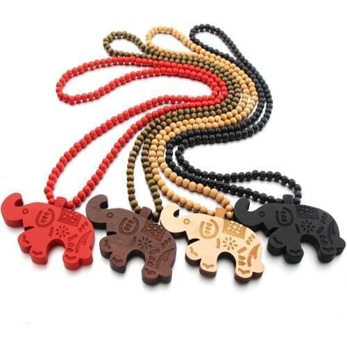 HISUMA 8MM Cute Animal Round Wood Beads Engraved DIY Chain Elephant Pendant Necklace For Men Women Jewelry Gift Finger Accessory
