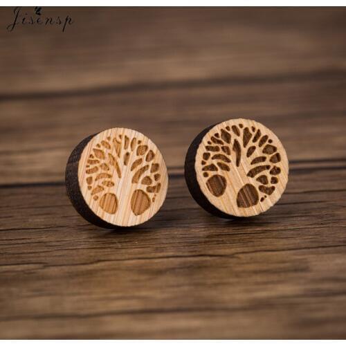 Jisensp Tiny Tree Of Life Earrings Studs Simple Fashion Round Life Tree Wooden Earrings Jewelry for Women Birthday Gift bijoux
