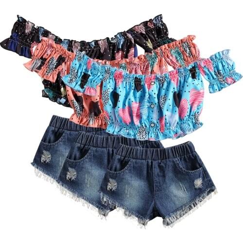 Infant Kids Girls 2Pcs Summer Clothes Set, Printed Ruffled Boat Neck Single Breasted Short Tops with Short Ripped Jeans