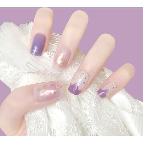 Purple series pure color with golden foil decoration fake nails Japanese Bride full nail tips lady false nails 24pcs with glue