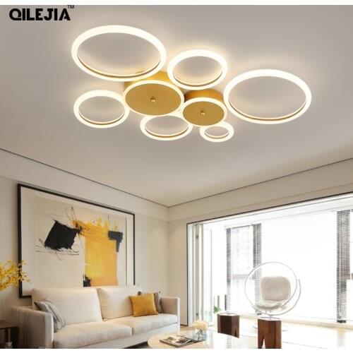 New Gold Iron Acrylic Led Chandelier Lighting For Living Study Room Bedroom Creative Circle Lights Indoor Lamp Dimmable Fixtures