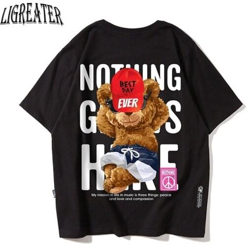 New Summer Cotton T-shirt Bear Printed Short-sleeved Tops Oversized Hip Hop Harajuku Tshirt BF Style Loose Couples Tops Tees