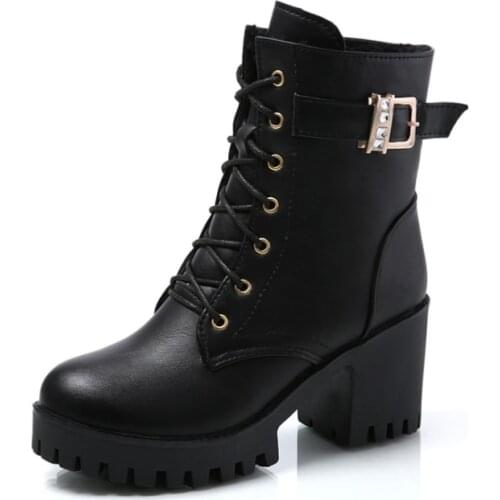 2021 Autumn winter new high-heeled short boots womens leather boots British style lace-up thick-heeled Mart boots snow boots