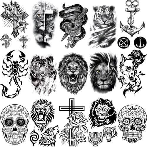Realistic Lion Tiger Temporary Tattoos For Women Adult Men Cross Skull Tatoos Scorpion Wolf Anchor Fake Tattoo Body Art