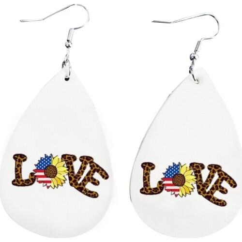 Earrings- Usa Flag In Sunflower And Words With Leopard Pattern Faux Leather Teardrop Earrings