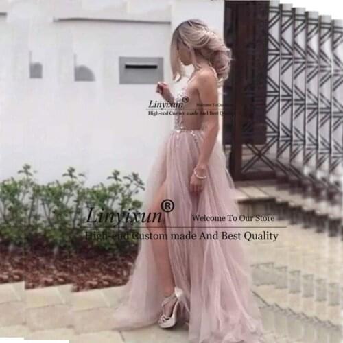 Sexy Tulle Long Prom Dresses 2021 New Arrival Backless Court Train Beaded A Line Special Occasion Evening Gowns Custom Made