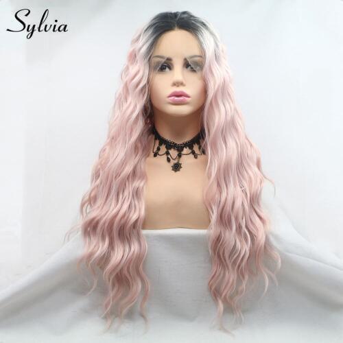 Sylvia Wig Long Curly Hair Synthetic Lace Front Pink Wig With Dark Root Heat Resistant Middle Part Makeup Cosplay Wig Two Tone