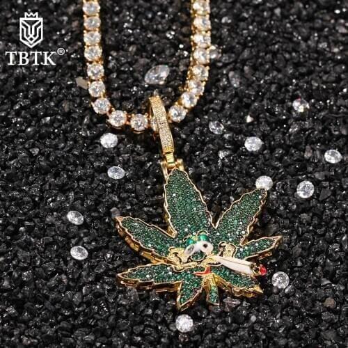 TBTK Hiphop Iced Out Bling Green CZ Leaves Pendants With Tennis Chain Necklace Men Women Creative Charms Jewelry Best Gift