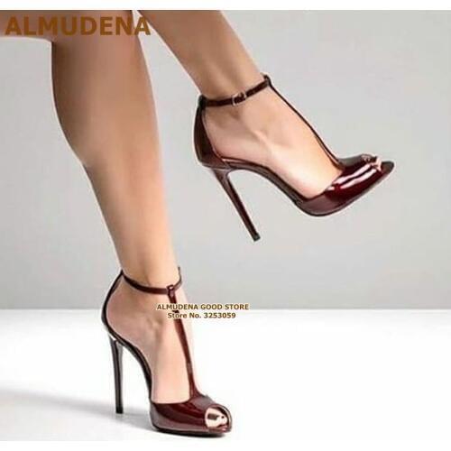 ALMUDENA Women Burgundy Patent Leather T-strap Pumps Stiletto Heels Wine Red Open Toe T-bar Dress Shoes Ankle Buckle Strap Shoes
