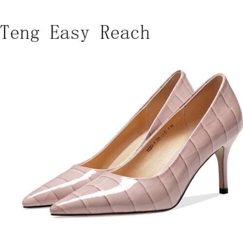 2021 New Womens Shoes 34-39 Natural Leather Patent Leather Embossing Cow High Heel Women Zapatos De Mujer Shoes for Women