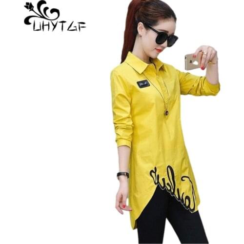 UHYTGF Womens Blouse Fashion Embroidery Asymmetry Pullover Spring Autumn Shirt Female Mid-Length Slim 3XL Plus Size Tops 1292