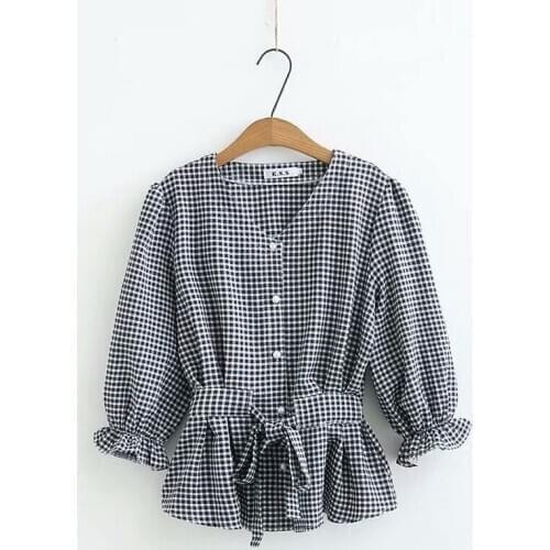 Plus Size XL-4XL Womens Long Sleeved Plaid Blouse 3/4 Sleeve Oversized Blusas Elastic Waist Officewear Red Black Shirts