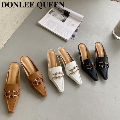 New Spring Med Heel Mule Shoes Women Brand Metal Buckle Outdoor Slippers Fashion Square Toe Slides Casual Shoes Zapatillas Mujer