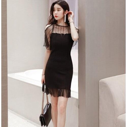 Lady Black O-Neck Half Sleeve Womens Dress Office Ladies Sexy Party Dress Summer Gauze Patchwork Vintage Bodycon Mermaid Dresses