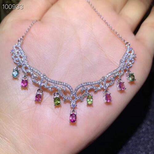 Natural Multicolor tourmaline Pendant necklace S925 silver Natural gemstone necklace Retro water drop women party gift jewelery