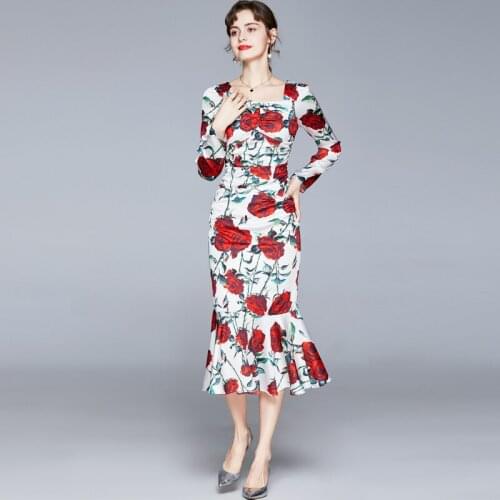 ZUOMAN Women Autumn Vintage Floral Dress Festa High Quality Long Elegant Trumpet Party Robe Femme Designer Evening Vestidos