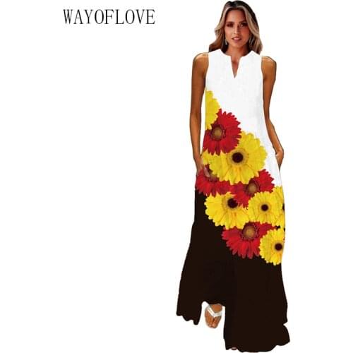 WAYOFLOVE Fashion Summer Beach Dress 2021 Casual Plus Size Flower Printed Dresses Summer Woman Sleeveless Girls Long Dress Women