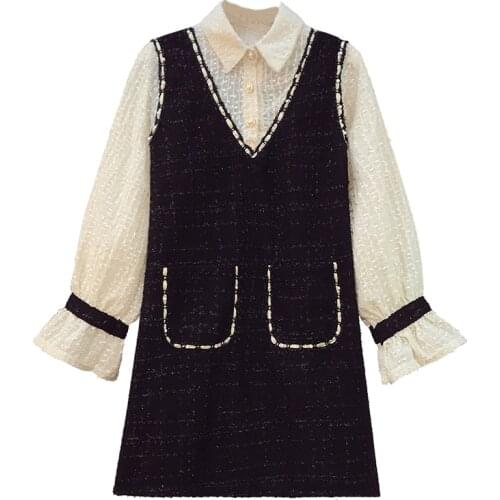 Plus Size Women Autumn Winter Patchwork Tweed Shirt Dress Office Ladies Elegant Fashion Dresses Women Tweed Dress