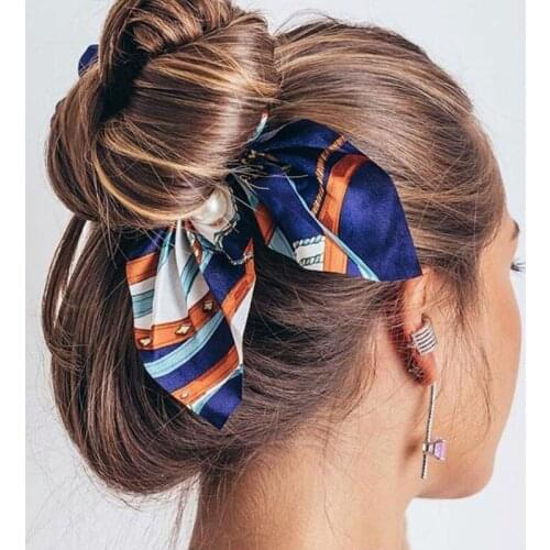 ZZIYEETTM New Chiffon Bowknot Elastic Silk Hair Scrunchies Women Girls Pearl Ponytail Holder Hair Rope Rubber Bands Accessories