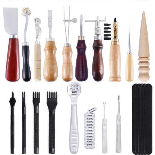 19Pcs/Set Leather Craft Stitching Carving Punch Tools Kit Working Sewing Saddle Groover LeatherCraft DIY Tools
