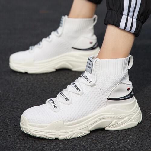 Large Size Platform High Top Sport Shoes Men High Sneakers Socks Women Sports Shoes Mens Running Shoes White Knitting Gym A-575