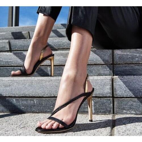 Dipsloot New Woman Simple Fashion One Line High Heel Sandals Cheap White Black Gold Sexy Thin Heels Party Sandals Shoes