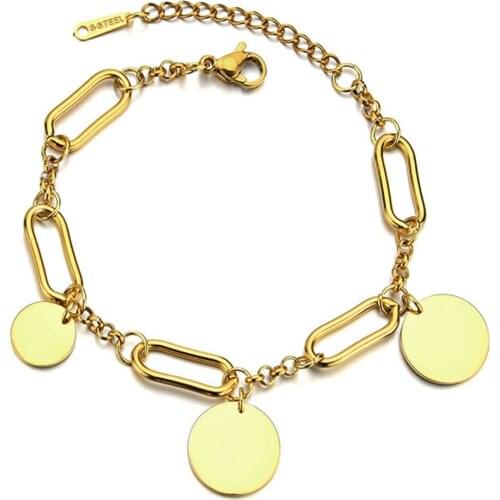 316L Stainless Steel Fashion Hip-hop Titanium Steel Shiny Round Brand Pendant Thick Chain Lobster Clasp Stitching Bracelet