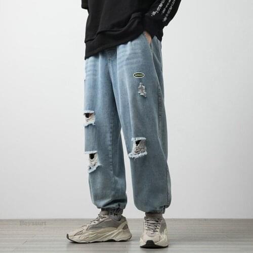 Mens Sweatpants Hole Jeans Pants Casual 2021 Summer Autumn Male Loose Trousers Hip Hop Streetwear Male Denim Jeans Pants