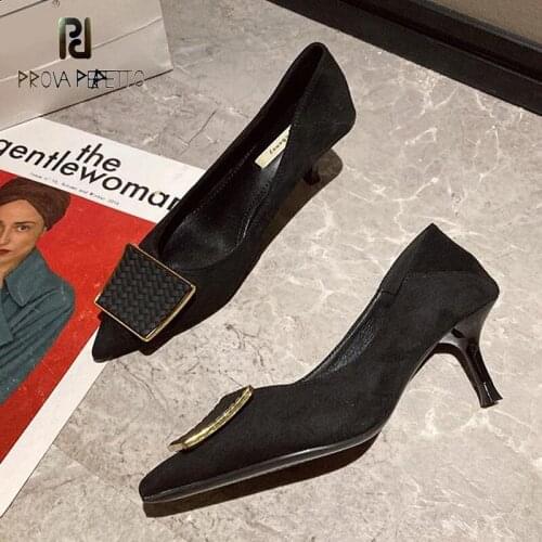 Hepburn Style Black Sexy Retro Pointed Toe High Heels Spring and Summer Metal Square Buckle Suede Stiletto Work Pumps Shoes