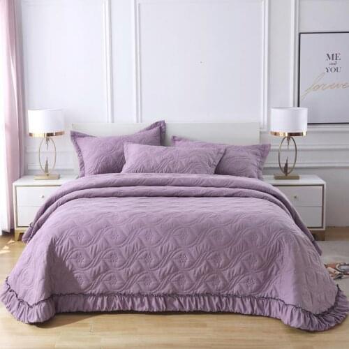 Purple Gray Blue Green Yellow 100% Cotton Solid Color Quilted Ruffle Bedspread Coverlet Bed Cover Set Bed Sheet With Pillowcases