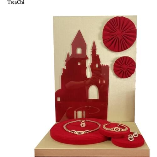 Red Velvet Bracelet Ring Earring Necklace Jewelry Showcase Stand Round Window Counter Display Decoration Props Flower Wall Decor