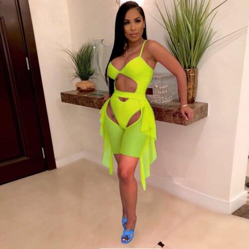 Two Piece Mesh Swimwear Women Sexy Solid Color Deep V-neck Sleeveless Swimsuit Shorts Hollow Out Beach Bathing Suit