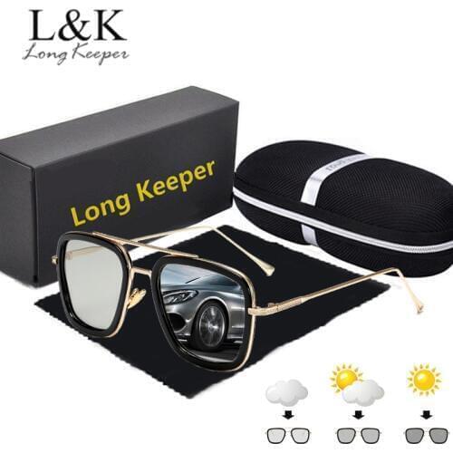 Polarized Photochromic Sun Glassses Men Tony Stark Iron Man Vintage Metal Goggles Women Chameleon Pilot Square Sunglasses