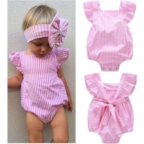 Cute Infant Baby Girl Clothes Bow Striped Fly Sleeve Ruffle Bodysuit Romper Princess Jumpsuit Headband Outfits Sunsuit Age 0-18M