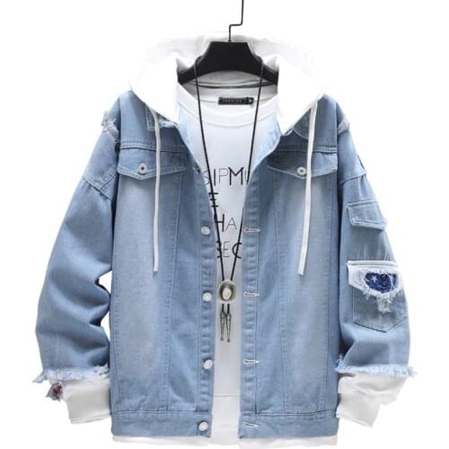 Jacket Men 2021 Spring and Autumn New Fashion Leisure Men Splice Hooded Slim Hip Hop Single Breasted Mens Denim Jackets jacket