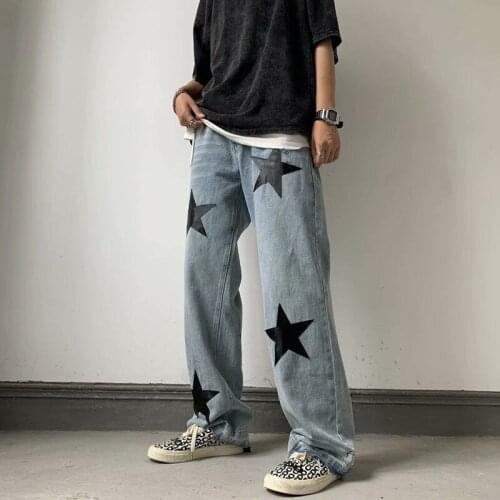 2021 Mens New High Street Casual Pants Printing Loose Wash Jeans Blue Color Wide Leg Pants Baggy Homme Trousers Size S-2XL