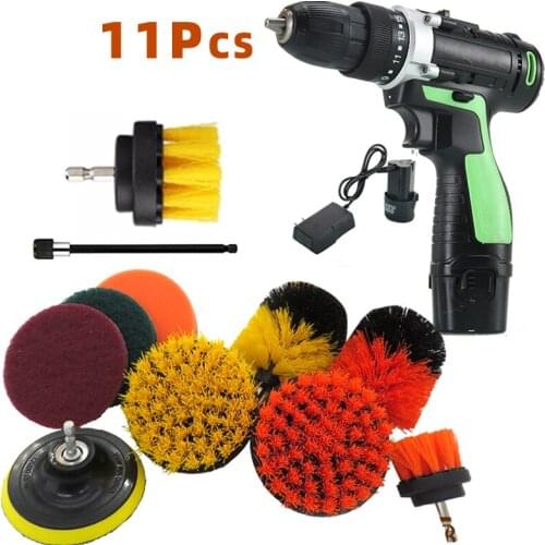 11PCS Drill Power Scrub Pad Clean Brush Set For Leather Plastic Wooden Furniture Car Interiors Cleaning Kit Pads Scrubber All