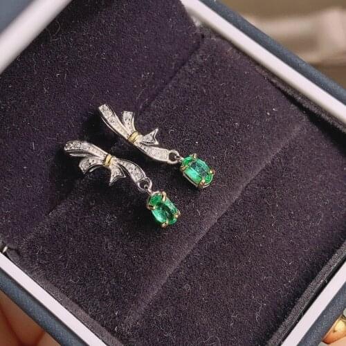New Natural Emerald Earrings 925 Silver Two-color Electroplating Earrings Fresh and Lovely Design Bow Earrings