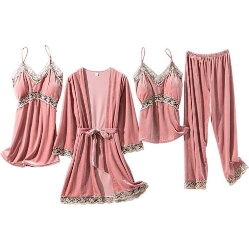 New Women Velvet 4 Pieces Pajamas Sets Sling Sexy Lace V-neck Sleepwear Winter Autumn Pyjama Chest Pad Wine Red Robe Nightwear