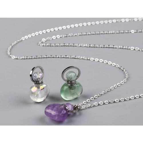 Silver Color Natural Stones Perfume Bottle Diffuser Gemstones Essential Oil Bottle Diffuser Pendant Neacklace Healing Necklaces