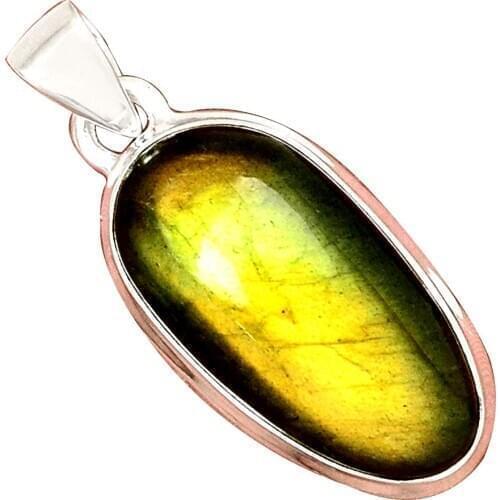 Genuine GOLDEN LABRADORITE Pendant 925 Sterling Silver, 35.5 mm, AP6528