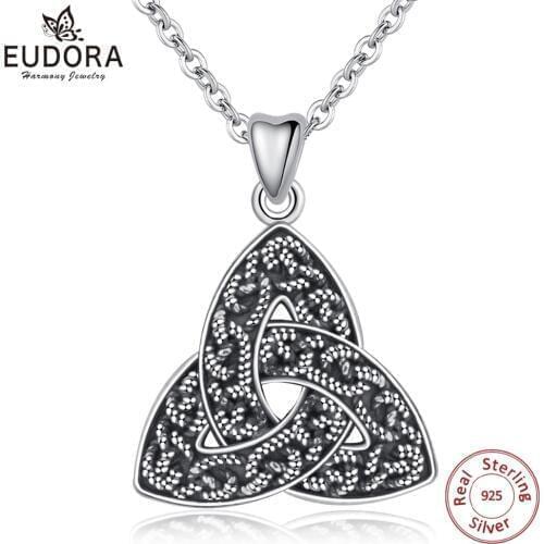 EUDORA 100% 925 Sterling Silver Celtics Trinity Knot Triquetra Pendant Necklace For Women Oxidized Sliver Fine Jewelry CYD319