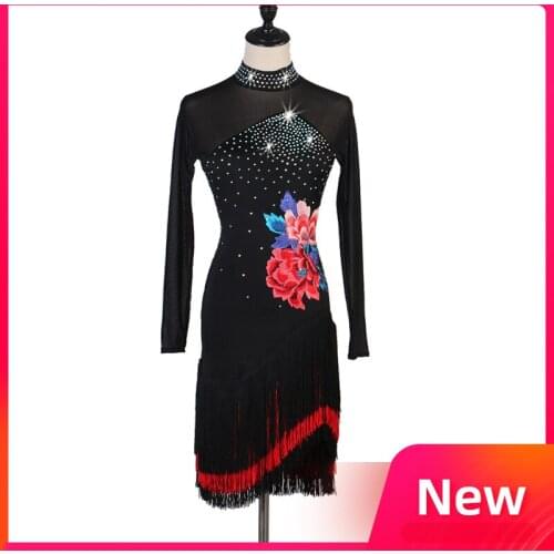 Latin Dance Dress For Women Ballroom Competition Costumes Diamond Fringe Embroidery Skirt Rumba Tango Dress Custom Made DQL2897