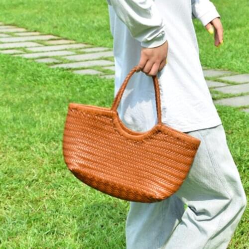 Genuine Leather Hand-woven casual vegetable basket bag with Woven Inside Bag Vintage Shopping Bag Tote Bag Crossed Tote Bags