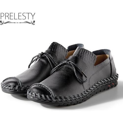 Prelesty Causal Men Leather Shoes Genuine Cow Leather Outdoor Slip on Handmade Classical Autumn Summer Breahtable Anti-resisting