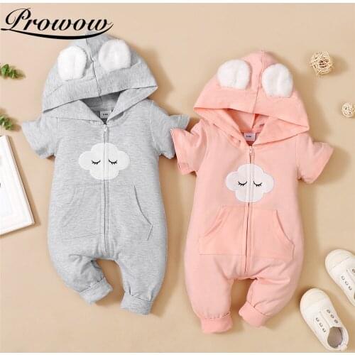 Prowow Bunny Ears Baby Romper Cartoon Girly Clothes Summer Clouds Hooded For Newbrn Jumpsuits Short Sleeve Toddler Costume Solid