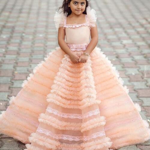 Pink Luxurious Flower Girl Wedding Dresses Spaghetti Tiers Tulle Lilttle Kids Ball Gown Birthday Pageant Gowns