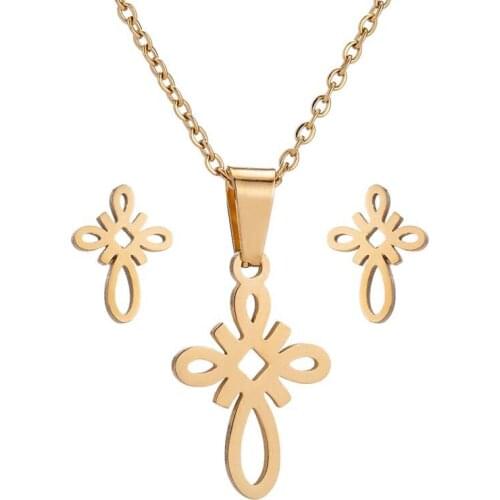 AsJerlya Hollow Cross Stainless Steel Pendant Collar Stud Earrings Gold Silver Color Jewelry Set For Women Man Jesus Religion